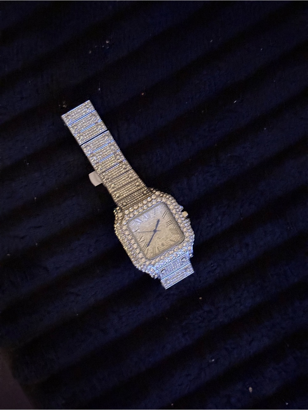 Cartier Silver Tone Pavé Crystal Men's Watch with Blue Hands